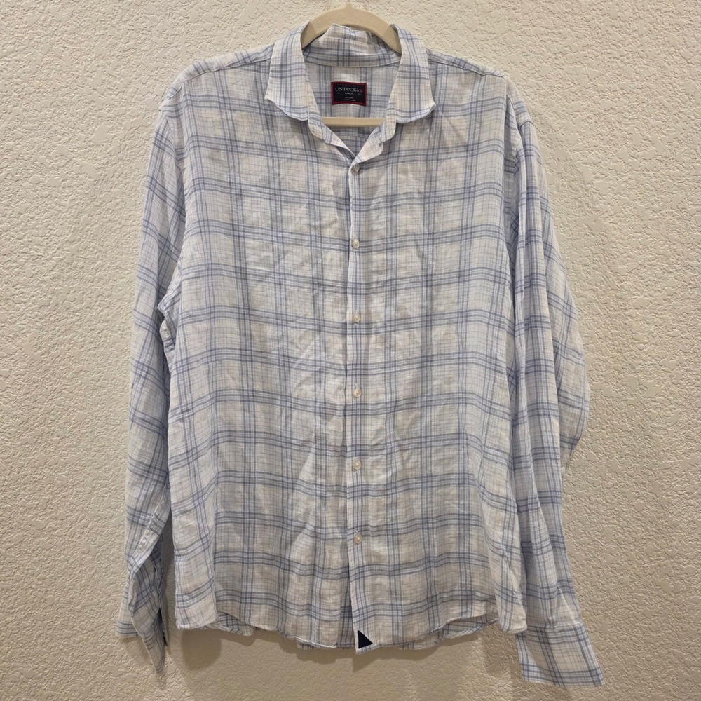 UNTUCKit Plaid 100% Linen Long Sleeve Button Down Shirt Mens Large Blue White